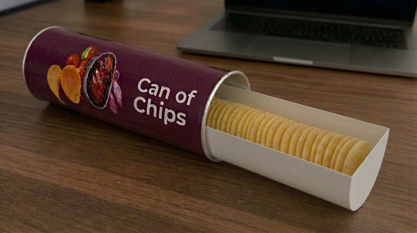 Production render of the Chip Sleeve insert extended from a branded chip canister holding a full stack of chips