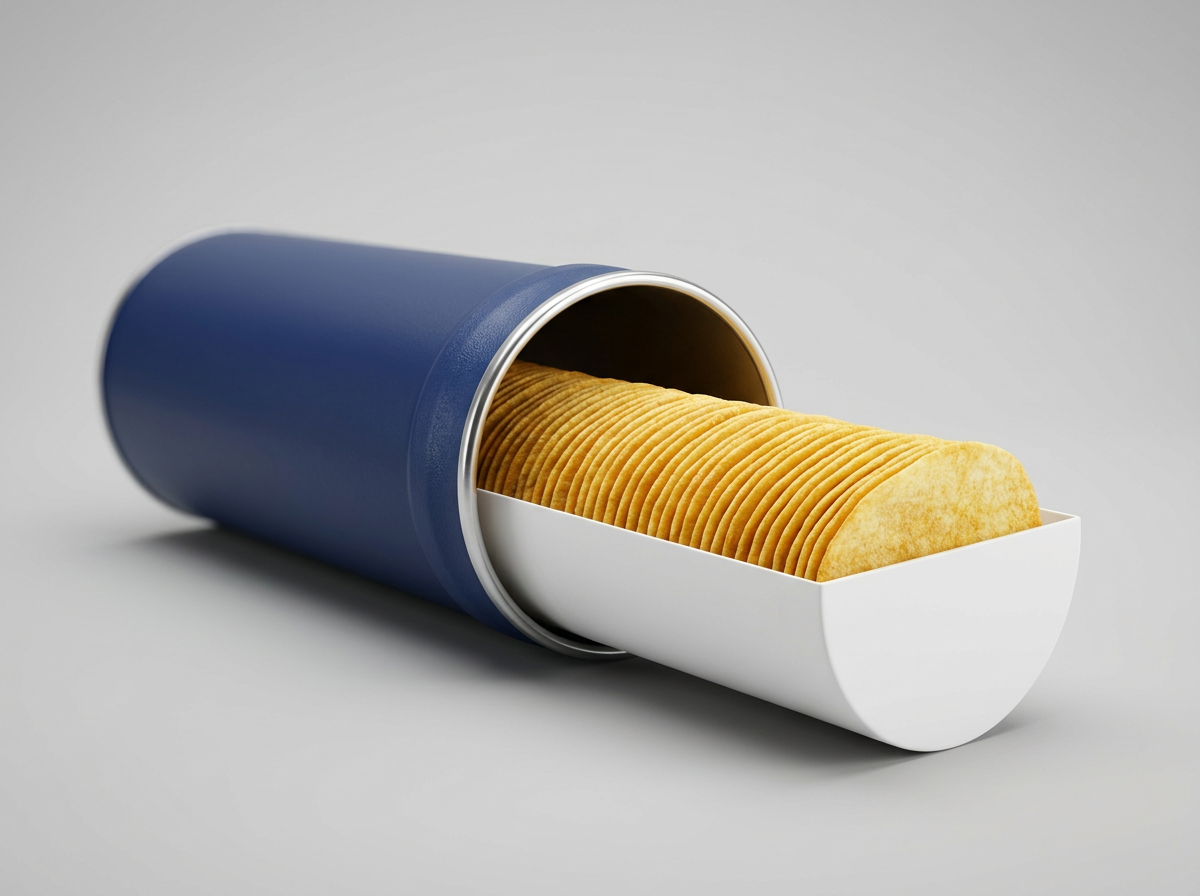 Studio product photograph of the Chip Sleeve insert extended from a navy chip canister holding a full stack of chips