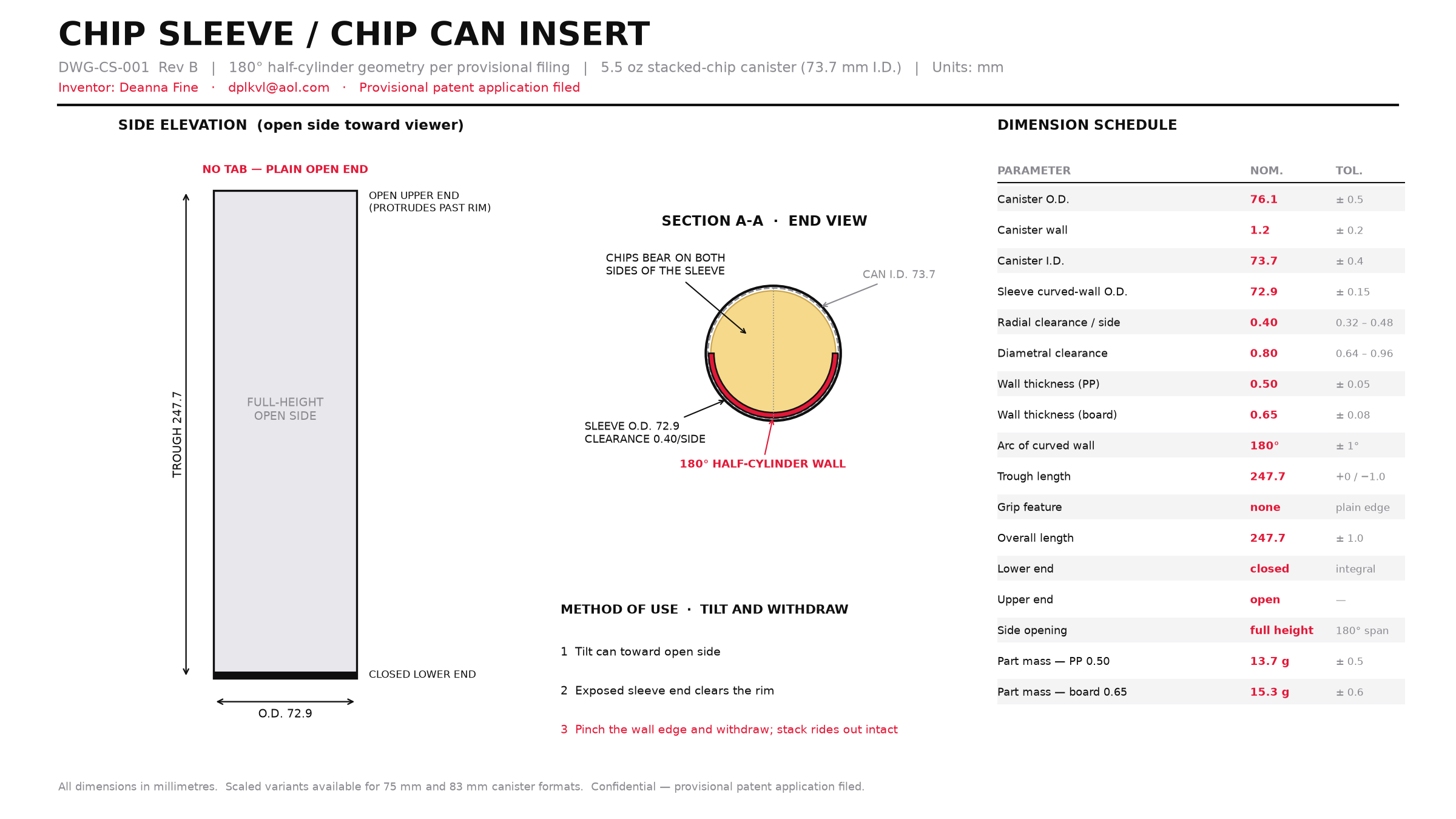 Dimensioned general arrangement drawing of the Chip Sleeve insert, showing side elevation, end section, and critical dimensions in millimetres